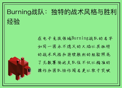 Burning战队：独特的战术风格与胜利经验