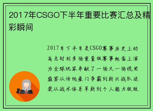 2017年CSGO下半年重要比赛汇总及精彩瞬间